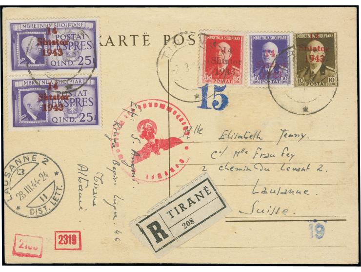 1944, Aufdruck-Ganzsachenkarte 10 Q. mit Zufrankatur Aufdruck-Ausgabe 15 Q. dunkekrosarot, 30 Q. dunkelviolett und Eilmarke 2