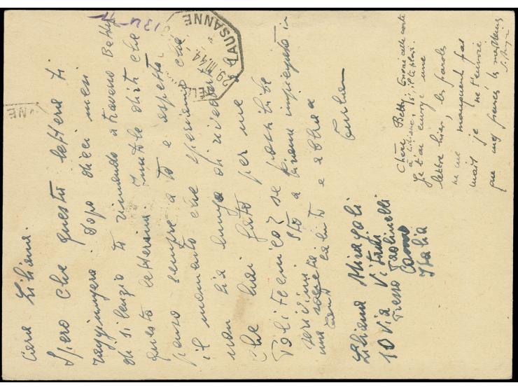 1944, Aufdruck-Ganzsachenkarte 10 Q. mit Zufrankatur Aufdruck-Ausgabe 15 Q. dunkekrosarot, 30 Q. dunkelviolett und Eilmarke 2