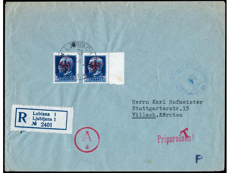 1944, Freimarke 1,25 L., zwei Stück mit Stempel "LAIBACH 27.12.44" auf R-Brief nach Villach, tadellos, Befund Brunel