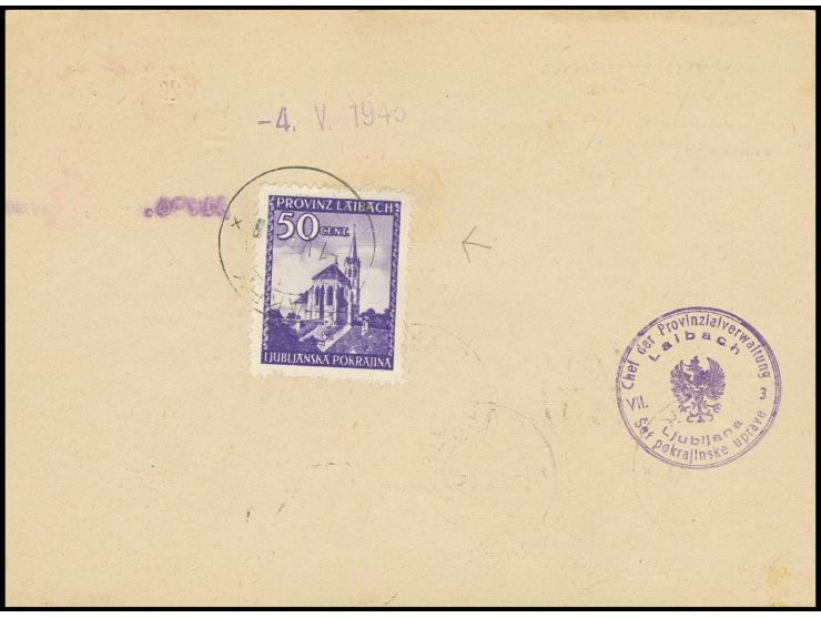 1945, Freimarke 50 C. mit Plattenfehler "2 Telegraphendrähte in Höhe des Kirchturms" rückseitig auf Postscheckformular von "R