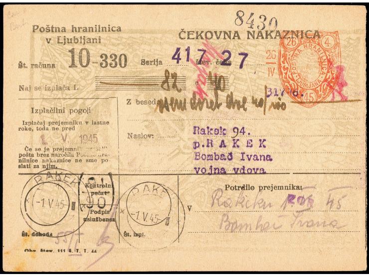1945, Freimarke 50 C. mit Plattenfehler "2 Telegraphendrähte in Höhe des Kirchturms" rückseitig auf Postscheckformular von "R