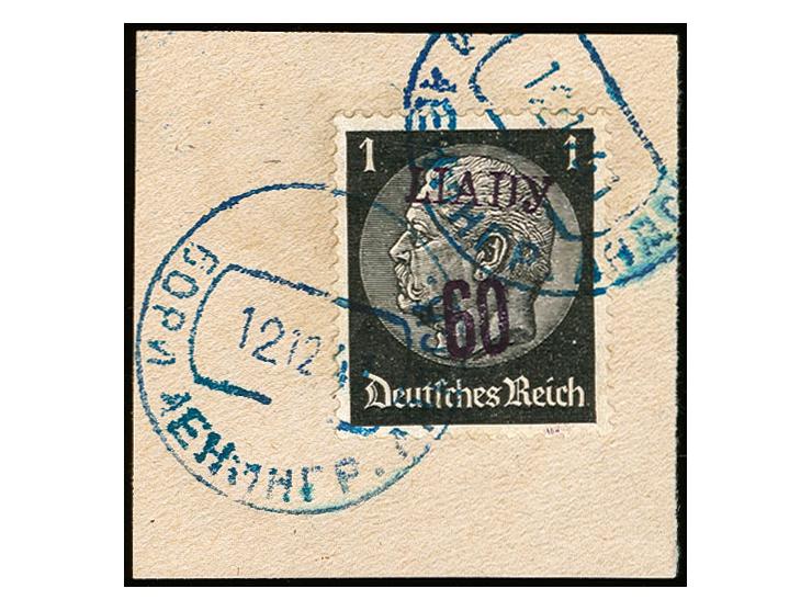 60 Kop. auf 1 Pfg. Hindenburg, Aufdruck schwarzviolett, gestempelt "BORA 12.12.41" auf Briefstück (zur Kontrolle gelöst und m