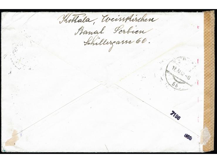 1941, 2 Din. als Einzelwert und 4 Din. im waagerechten Paar mit Stempel "BELA CRKVA -9.XI.42" auf zensiertem R-Brief nach Wie