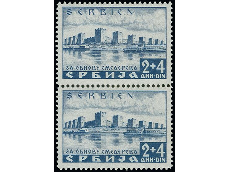 1941, Semendria 2 Din. im senkrechten Paar, obere Marke mit Plattenfehler "Tür unten rechts im vordersten Festungsturm", post