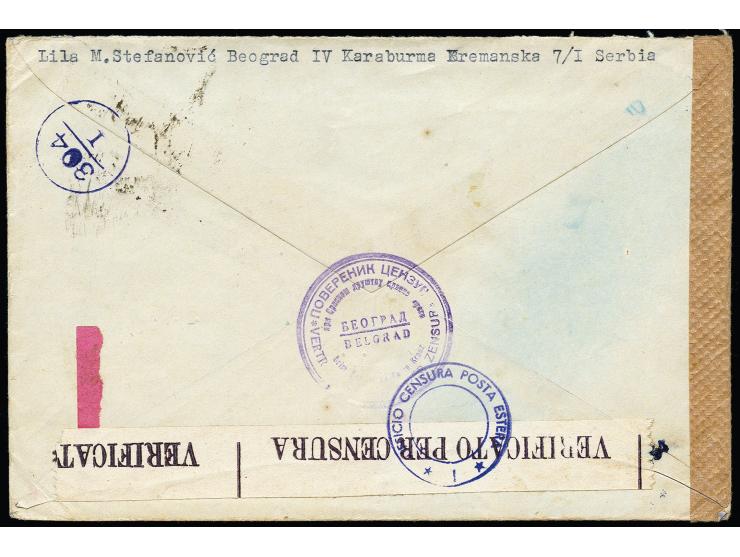 "VERTRAUENSMANN DER ZENSUR BEIM SERBISCHEN ROTEN KREUZ" violetter, zweisprachiger L4 auf Brief aus Beograd an einen serbische
