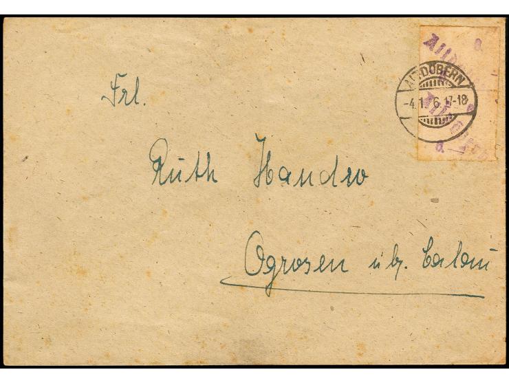 6 Pfg. mit violettem Handstempel-Aufdruck in Type II, senkrechtes Paar mit Stempel "ALTDÖBERN 4.1..6" auf Brief nach Ogrosen 