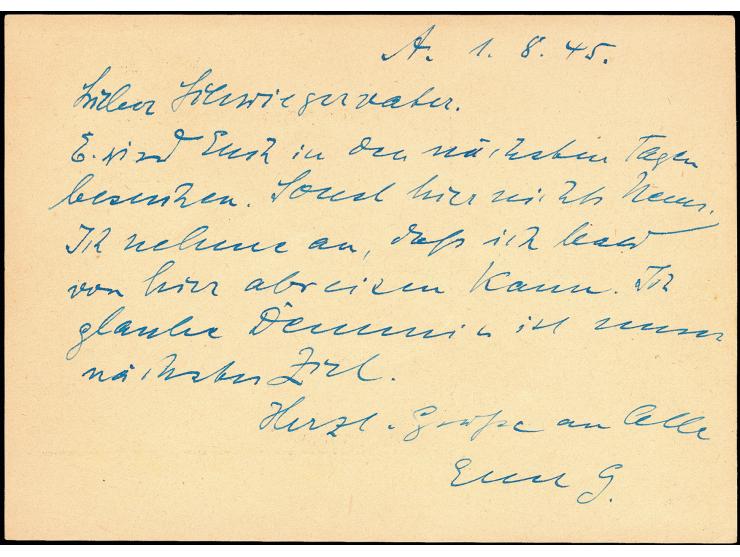 Etikette 10 Pfg. im Format 17,5 x 14 mm Stempel ALTENTREPTOW a 1.8.45" auf Feldpost-Vordruckkarte mit viel Text nach Stralsun