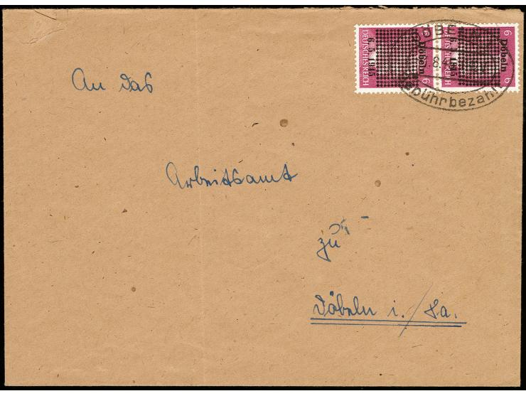 1945, 6 Pfg. lebhaftviolett im senkrechten Paar mit Stempel "DÖBELN Gebühr bezahlt 1.8.45" auf üblich überfrankiertem Ortsbri