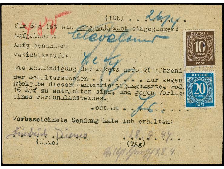 20 Pfg. und 10 Pfg. mit undeutlichem Poststellen II-Stempel, als Zustellungsgebühr auf Benachrichtigungschein für ein Care-Pa