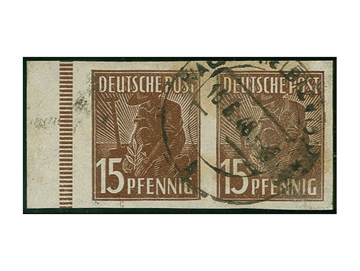 15 Pfg. im ungezähnten waagerechten Paar mit linkem Bogenrand, sauber gestempelt, tadellos, sign. Schlegel BPP