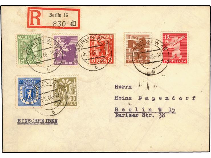 1945, Berliner Bär 5-30 Pfg. zickzackförmig durchstochen auf überfrankiertem R-Ortsbrief von "BERLIN W15 3.5.46" mit Ankunfts