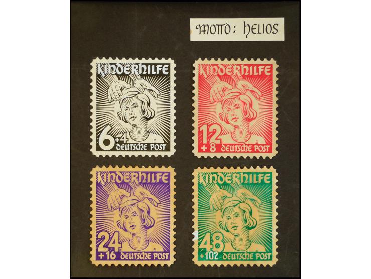 1945, Kinderhilfe 6-48 Pfg., vier Künstlerentwürfe "Hände schützend über Kind", farbige Tusche auf Pergament auf gezähntem we