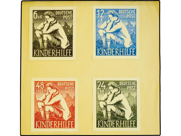 1945, Kinderhilfe 6-48 Pfg., vier Künstlerentwürfe "Kind in Trümmern", farbige Tusche auf weißem Karton (11,5x12,5cm), 
auf 