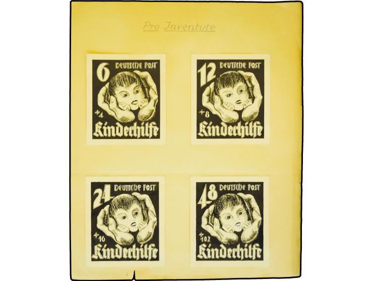1945, Kinderhilfe 6-48 Pfg., vier Künstlerentwürfe "Kinderkopf zwischen Händen", schwarze Tusche auf weißem Karton (11,5x12,5