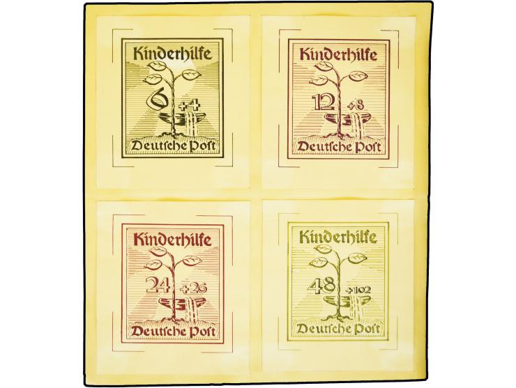 1945, Kinderhilfe 6-48 Pfg., vier Künstlerentwürfe "Baum und Wasserschalfe", farbige Tusche auf weißem Karton (14,2x16cm), 
