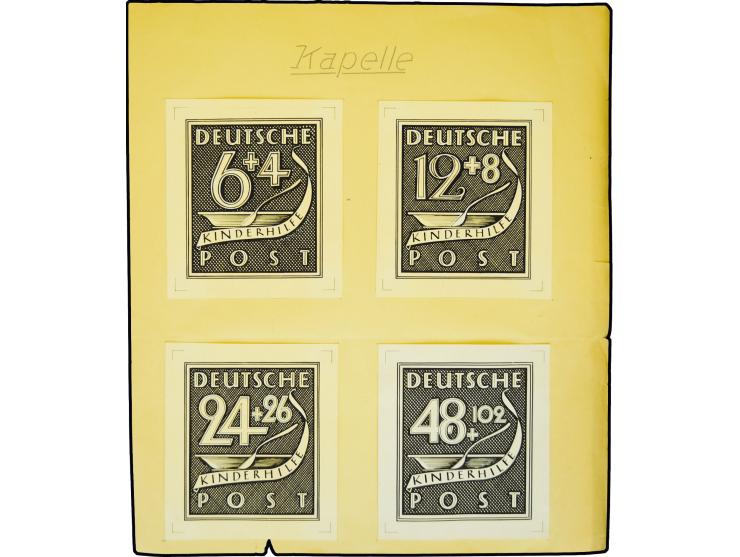 1945, Kinderhilfe 6-48 Pfg., vier Künstlerentwürfe "Teller mit Löffel", Tusche auf weißem Karton (12x13,5cm), auf Unterlage g