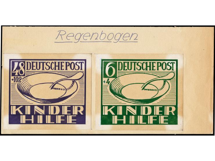 1945, Kinderhilfe 6 und 48 Pfg., zwei Künstlerentwürfe "Suppenteller", farbige Tusche auf weißem Karton (8,2x10,5cm), 
auf U