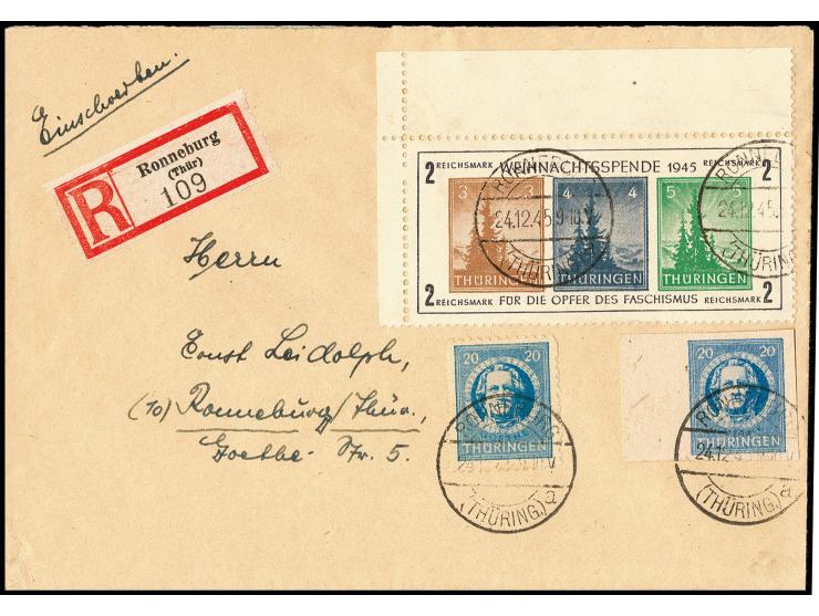 ANTIFA-Block auf dickem Papier, linke obere Bogenecke mit Zufrankatur, mit Stempel "RONNEBURG 24.12.45" auf überfrankiertem O