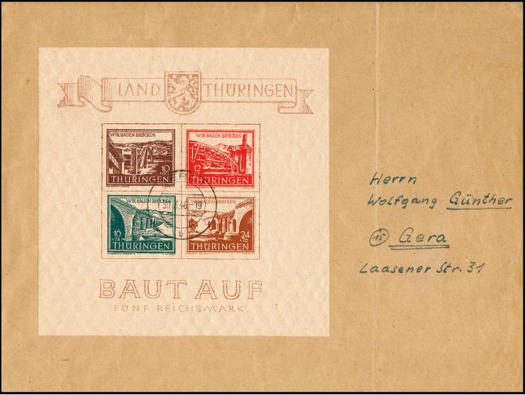 Brückenbau-Block mit zentrischem Stempel "GERA 1b 30.3.46" (Ersttag) auf beschriftetem Umschlag, Fotoatteste Zierer BPP (als 