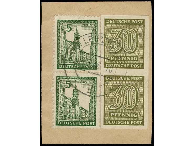 1945, Ziffern 30 Pfg. Wasserzeichen fallende Stufen, im breitandig ungezähnten, senkrechten Paar mit Zufrankatur mit Stempel 