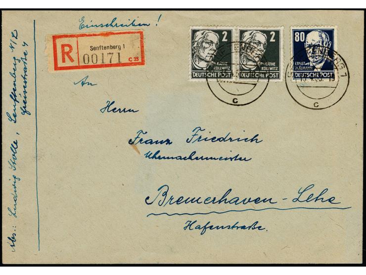 1953, Persönlichkeiten 80 Pfg. Lack mit Zufrankatur mit Stempel "SENFTENBERG 13.4.53" auf portogerechtem R-Brief nach Bremerh
