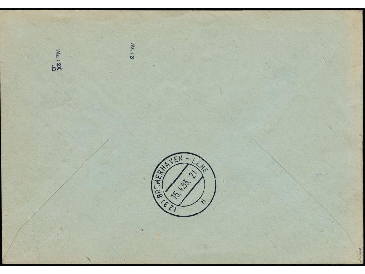 1953, Persönlichkeiten 80 Pfg. Lack mit Zufrankatur mit Stempel "SENFTENBERG 13.4.53" auf portogerechtem R-Brief nach Bremerh
