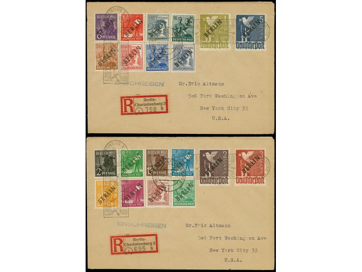 Schwarzaufdruck 2 Pfg.-5 M. mit Luftbrückenstempel bzw. Tagesstempel "BERLIN-CHARLOTTENBURG 19.10.48" auf 2 R-Briefen nach Ne