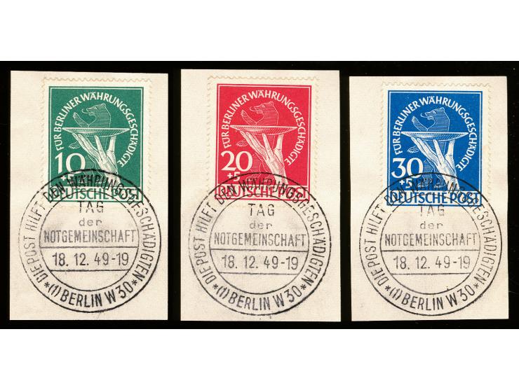 1949, Währungsgeschädigte 10-30 Pfg., je mit klarem SST auf Briefstück, tadellos, Fotoattest Schlegel BPP