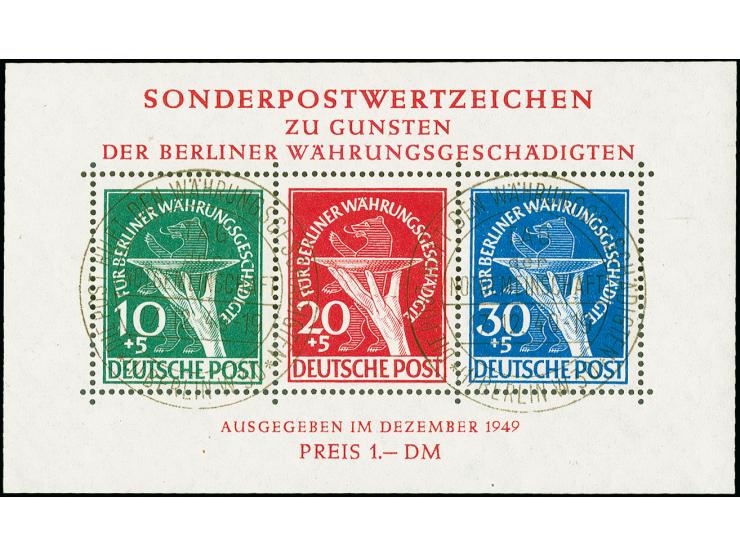 Währungsgeschädigten-Block mit Plattenfehler bei 10 und 30 Pfg. mit Ersttagssonderstempel, Fotoattest Schlegel BPP (Mi. 3.500