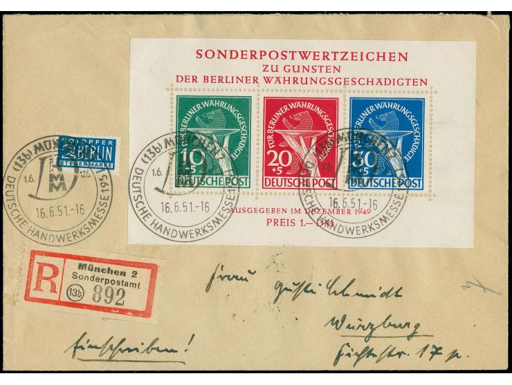 Währungsgeschädigten-Block mit Sonderstempel auf portogerechtem R-Brief von "MÜNCHEN 16.6.51" nach Würzburg mit Ankunftsstemp
