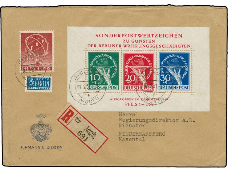 Währungsgeschädigten-Block und ERP 20 Pfg. als portogerechte Frankatur auf R-Brief von "LORCH 2.2.51" nach Niedermarsberg mit