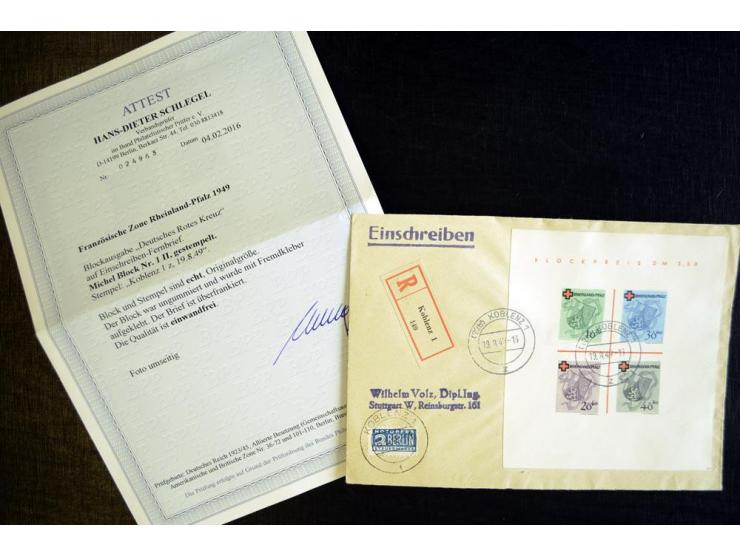 Rotes-Kreuz-Block mit klarem Stempel "KOBLENZ 19.8.49" auf R-Brief nach Stuttgart mit Ankunftsstempel, gute Erhaltung, Fotoat
