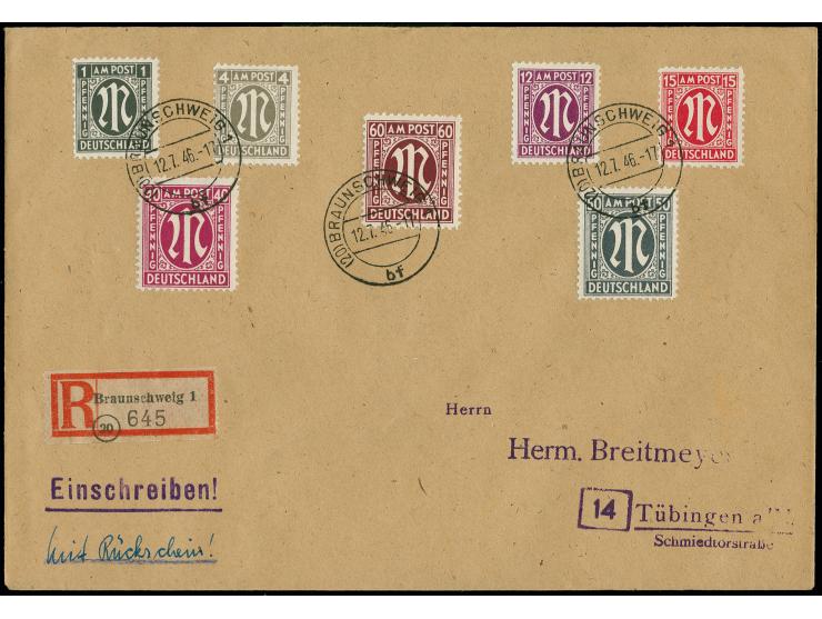 50 Pfg. schwarzgrün, gez. 11½:11, mit Zufrankatur mit Stempel "BRAUNSCHWEIG 12.7.46" auf R-Brief nach Tübingen, Kurzbefund Sc