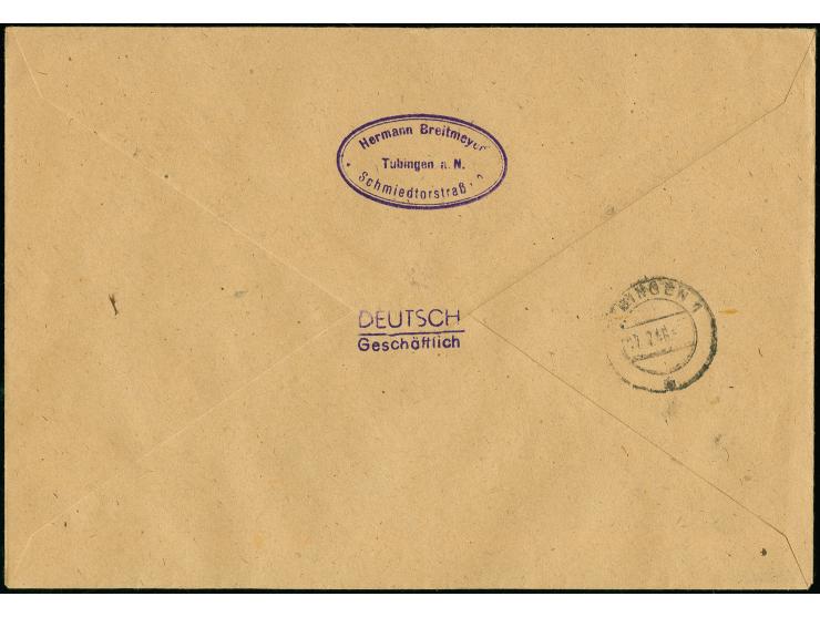 50 Pfg. schwarzgrün, gez. 11½:11, mit Zufrankatur mit Stempel "BRAUNSCHWEIG 12.7.46" auf R-Brief nach Tübingen, Kurzbefund Sc
