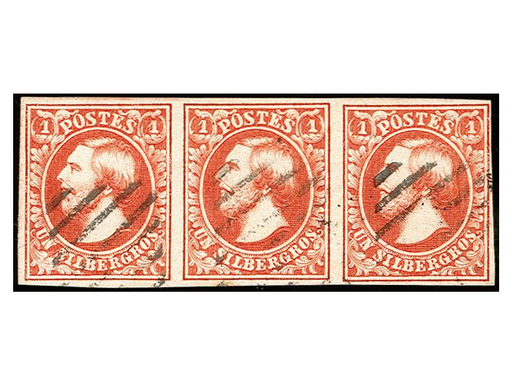 1 sgr. vermilion, horizontal strip of 3, clear at upper right, otherwise good margins all around, neatly cancelled by square 