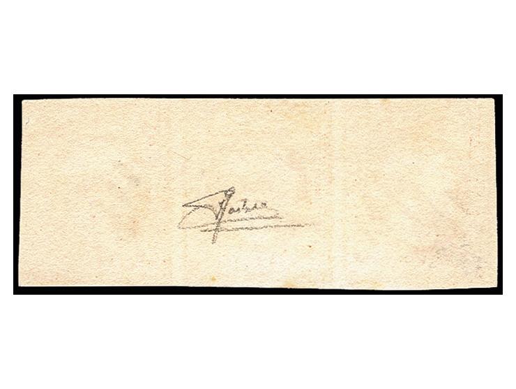 1 sgr. vermilion, horizontal strip of 3, clear at upper right, otherwise good margins all around, neatly cancelled by square 