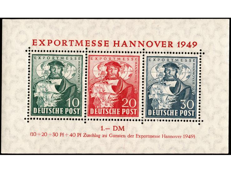 1949, Blockausgabe zur Exportmesse Hannover, dabei 30 Pfennig in Farbe dunkelgrünlichblau, postfrisch, tadellos, Fotoattest S