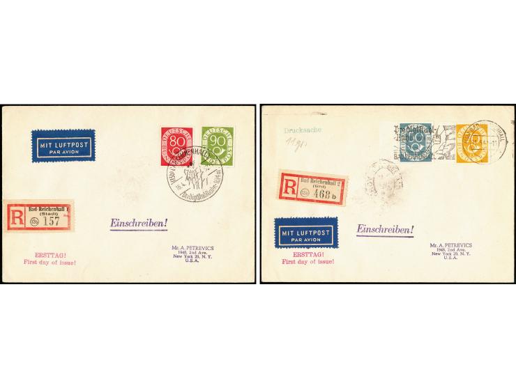1951, Posthorn 2-90 Pfg. auf insgesamt 12 Erstagsbriefen bzw. Karten, der 40 Pfg. Wert mit minimalen Zahnfehler, sonst nur kl
