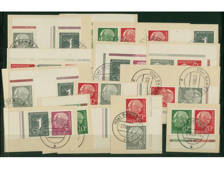 1960, Heuß und Ziffer 1-20 Pfg., 15 waagerecht und senkrechte Zusammendruckpaare, alle mit klarem Stempel "BAMBERG 2.10.61" a