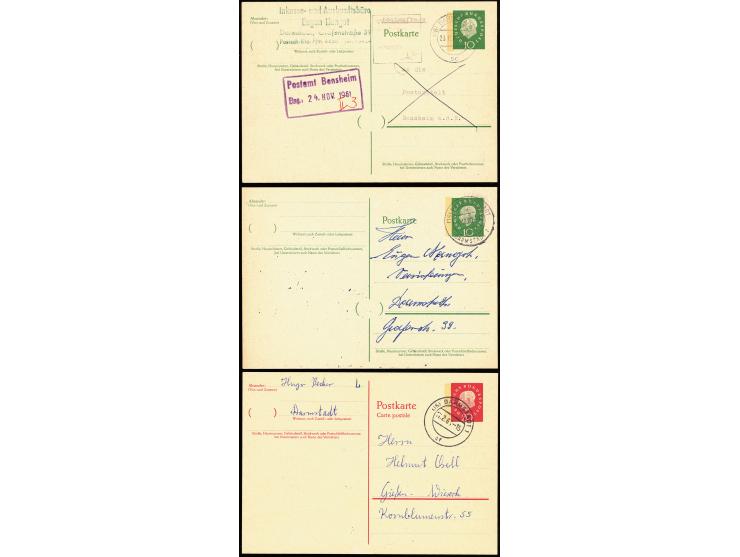 1961, Heuß Medallion "Postfachnummer" 10 Pfg. bedarfsgebraucht von "DARMSTADT 23.11.61" nach Bensheim, dazu P 43-44 II (letzt