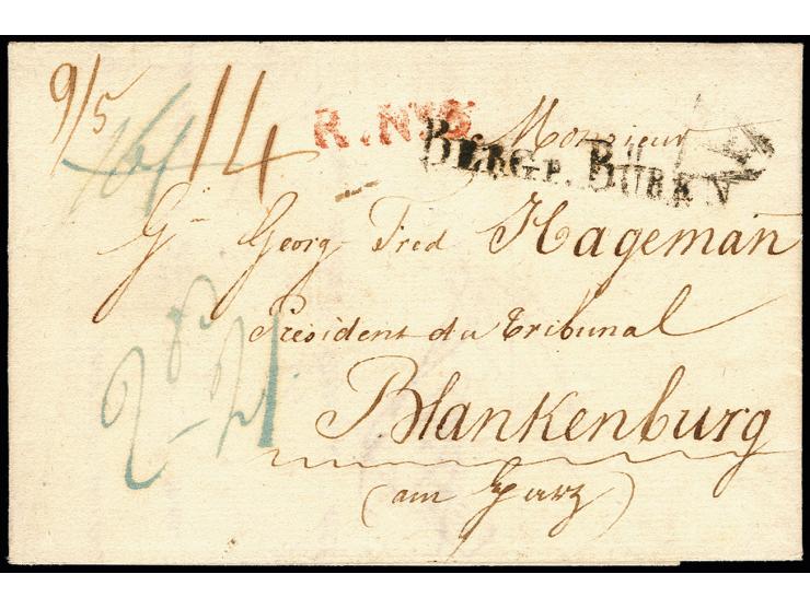 "BERG P. BÜREN", L1 sauber auf kpl. Faltbrief 1812 von Paris nach Blankenburg am Harz mit diversen Taxen