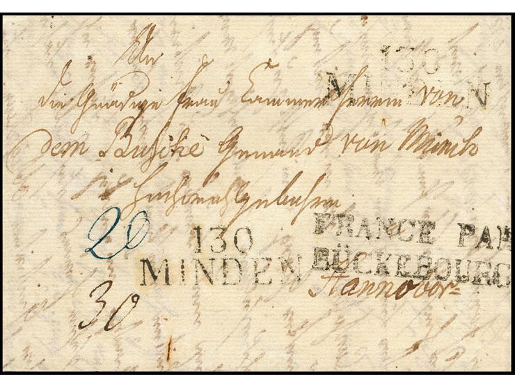 "FRANCE PAR BÜCKEBOURG", L2 sauber auf kpl. Faltbrief 1812 von Minden mit 2mal nebengesetztem "130 / MINDEN" nach Hannover