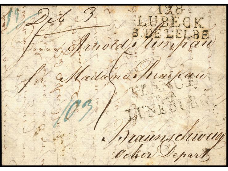 "FRANCE PAR LUNEBURG", L3 in schwarz auf kpl. Faltbrief 1812 von Lübeck nach Braunschweig mit L3 "128 / LUBECK / B. DE L'ELBE
