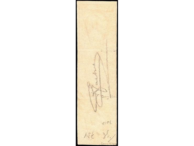 1 sgr. salmon (chairpale), vertical strip of 3 with good to large margins, cancelled by circle of 9 bars, very fine, signed B