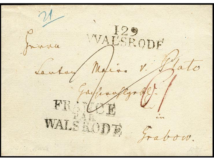 "FRANCE PAR WALSRODE", L3 sauber auf Briefhülle mit nebengesetztem "129-WALSRODE" nach Grabo in Mecklenburg