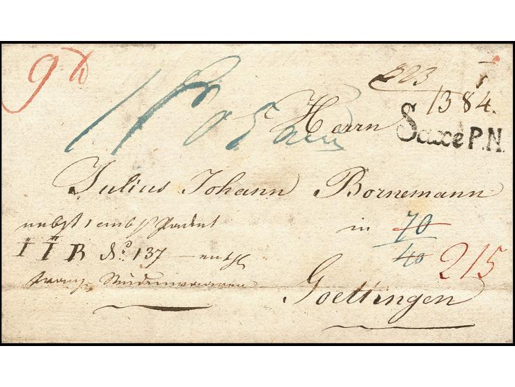 "Saxe P.N.", L1 in schwarz sauber auf Briefhülle 1810 von Leipzig nach Göttingen