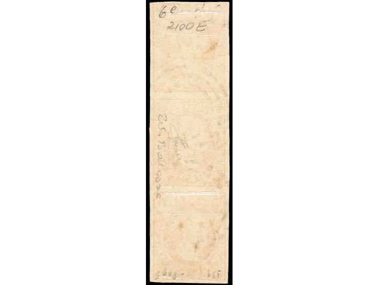 1 sgr. salmon (chair foncé), vertical strip of 3 with good to large margins, neatly cancelled by 2 clear strikes of 'Cercles 