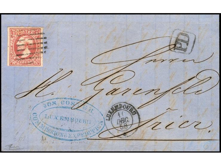1 sgr. rose, clear to mostly large margins, tied by circle of 9 bars to entire letter with adjacent "LUXEMBOURG 10 DEC. 58" t
