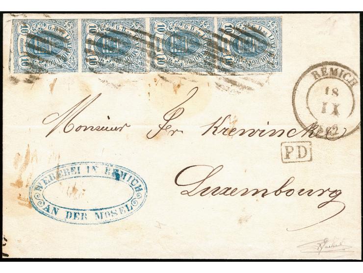 10 c. blue, vertical strip of 4, slightly touched to wide margins, tied by circle of 9 bars to lettersheet with adjacent "REM