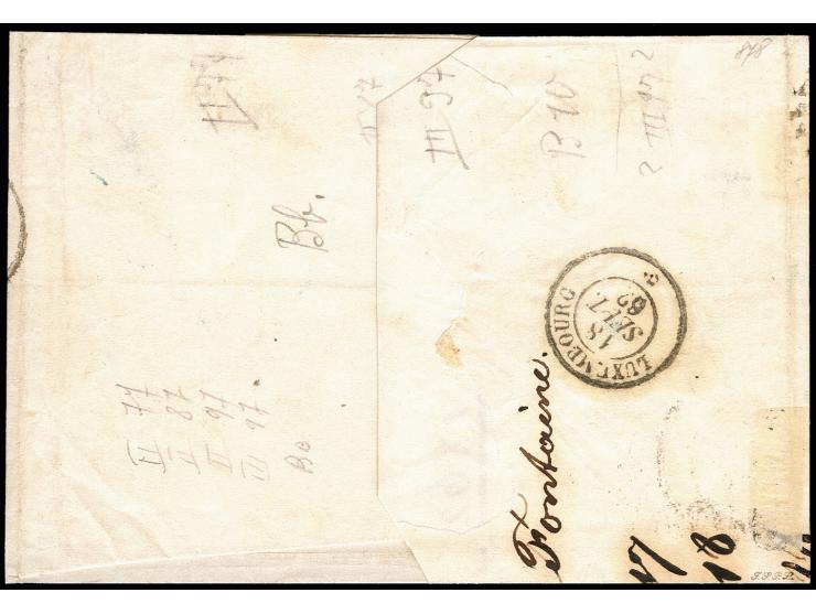 10 c. blue, vertical strip of 4, slightly touched to wide margins, tied by circle of 9 bars to lettersheet with adjacent "REM